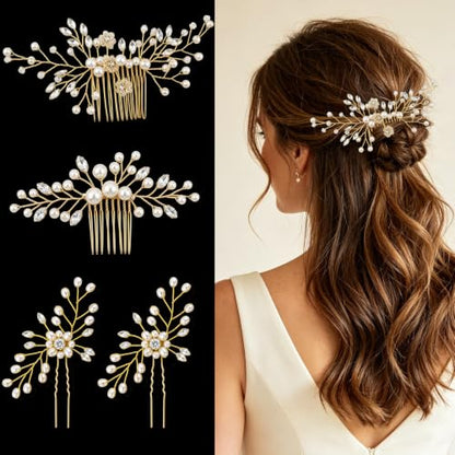 4 Pcs Bridal Pearl Hair Pins, Wedding Hair Comb Accessories with Rhinestone Bridal Headpiece Jewelry for Brides Bridesmaids Women Updo (Pearl) - color: Pearl-Crystal
