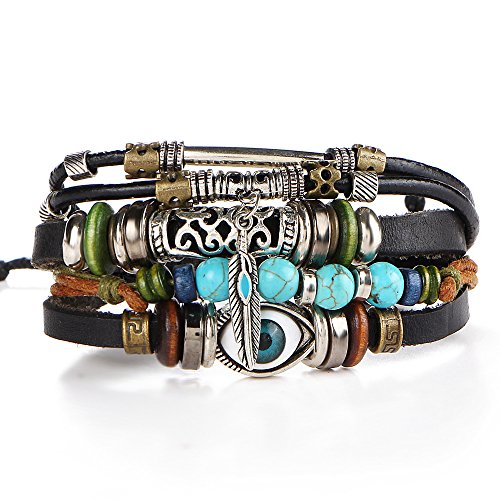 Boho National Stone Feather Multilayer Leather Bracelet Evil Eye Charms Turquoises Beads Bracelets for Men Vintage Punk Wrap Wristband Owl Bird Bracelet