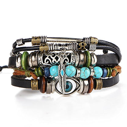 Boho National Stone Feather Multilayer Leather Bracelet Evil Eye Charms Turquoises Beads Bracelets for Men Vintage Punk Wrap Wristband Owl Bird Bracelet