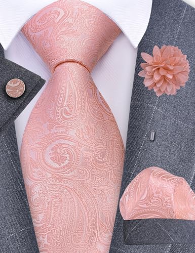 GUSLESON 3.15"（8cm） Mens Tie and Lapel Pin Paisley Necktie Hankerchief Cufflinks Set for Men - color: Rose Gold
