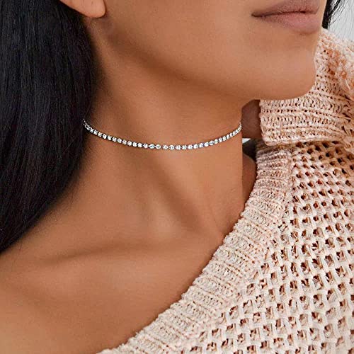 Tennis Necklaces for Women Sparkly Rhinestone Choker Diamond Chain Necklace - style: Silver 1 Row