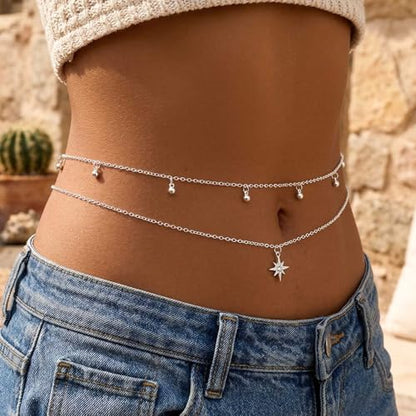 Waist Chain Silver Beads Belly Chain Gold silver Women Dainty Body Jewelry Accessories - color: silver sun - 24 + 8 in