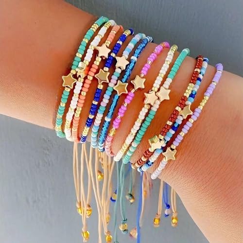 Colorful Stackable Rice Small Mini Seed Beaded Bracelets Set For Women, Handmade Dainty Boho Gold Glass Stretch Accessories Jewelry,Summer Beach Party Daily Friendship Gift - color: 12Pcs Star