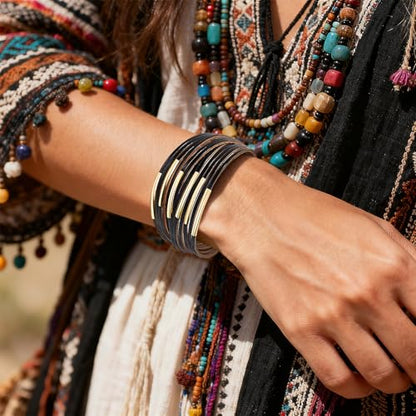 Wrapped Bracelets for Women,Leather Boho Bracelets for Women - color: Leather-Black