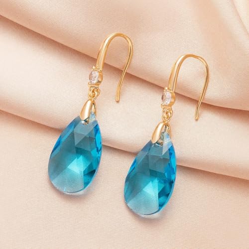 Austrian Crystal Teardrop Dangle Drop Earrings for Women 14K Gold Plated Hook Earring Hypoallergenic Jewelry Gifts for Women Girls - color: Aquamarine