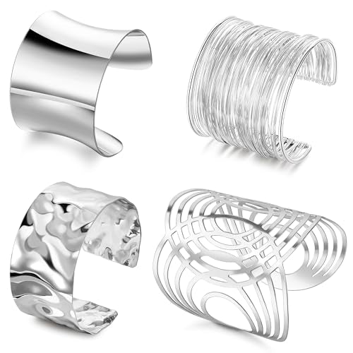 4Pcs Chunky Gold Cuff Bracelects for Women Gold Bangles Irregular Minimalist Statement Bangle Bracelets Set Open Wide Bangle Upper Arm Cuff Jewelry - color: Silver-D