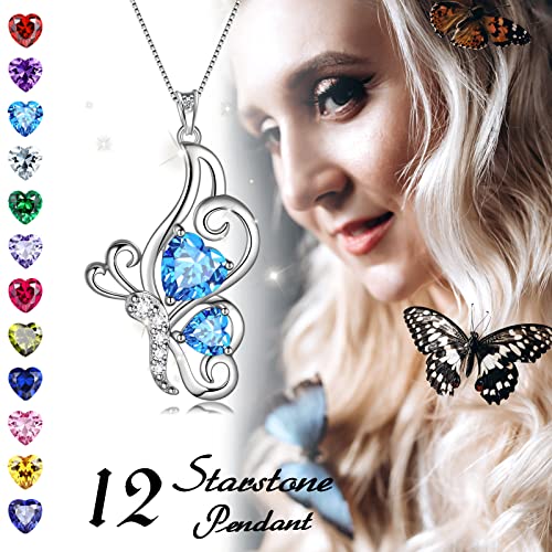 Butterfly Heart Necklace Birthstone Pendant Necklace Earrings Bracelet Women 925 Sterling Silver Animal Butterflies Birthstone Pendant Crystal Birthday Jewelry Wedding Gift - color: C.March-necklace