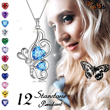 Butterfly Heart Necklace Birthstone Pendant Necklace Earrings Bracelet Women 925 Sterling Silver Animal Butterflies Birthstone Pendant Crystal Birthday Jewelry Wedding Gift - color: C.March-necklace