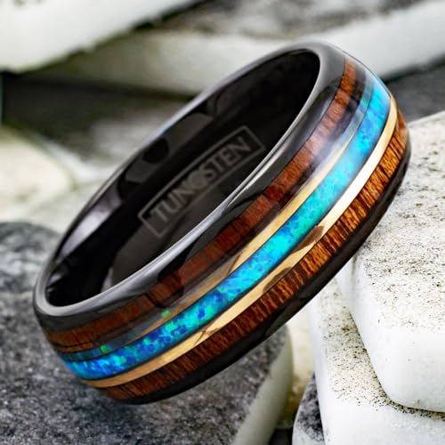 Cool Modern Classic 8mm Polished Black Tungsten Carbide Low Dome Band Ring with Dazzling Man-Made Hawaii Blue Opal Between Koa Wood Inlays.