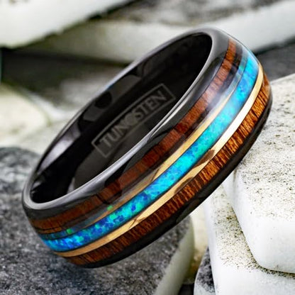 Cool Modern Classic 8mm Polished Black Tungsten Carbide Low Dome Band Ring with Dazzling Man-Made Hawaii Blue Opal Between Koa Wood Inlays.