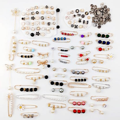 TIHOOD 110PCS Pearl Brooch Pins Women Decorative Safety Pins Pant Clothing Shawl Clips Artificial Pearls Brooch Elegant Pearl Cardigan Collar Brooch Clips Waist Tightener Safety Pins