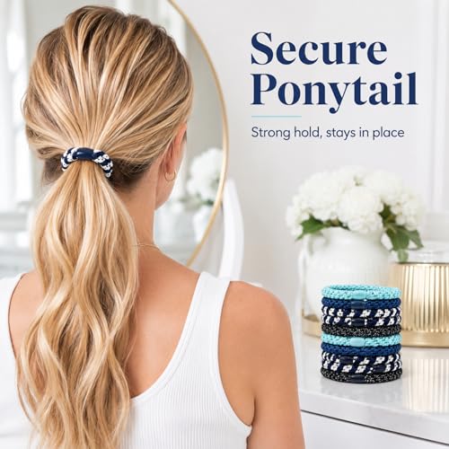 10-Piece Hair Ties: Soft Knitted Hair Tie for Thick/Coarse/Curly Hair. Gentle Hair Ties No Damage—Secure & Protect Strands (Black-blue) - color: Black-blue