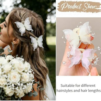 4PCS Butterfly Hair Clips,2" Small Tulle Mesh Butterfly Hair Bows for Girls, Toddlers & Kids- Pearl Decorated hair claw clips，Girls Hair Accessories for Party Birthday Wedding(Pink,White)