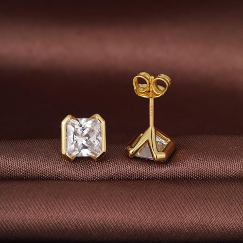 Brilliant Heart-cut/Oval-cut/Trillion-cut/Cushion-cut/Emerald-cut/Marquise-cut Stud, 925 Sterling Silver Cubic Zirconia Stud Earrings for Women Men - style: H-Square-cut-Yellow