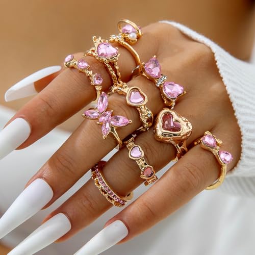 Rrdaily 14K Gold Plated Stackable Knuckle Rings Set for Women Trendy Chunky Simulation Gemstone Signet Rings Dainty Midi Finger Rings Pack Aesthetic Statement Jewelry for Bridesmaid Wedding Gifts - style: 10 Pcs Gold