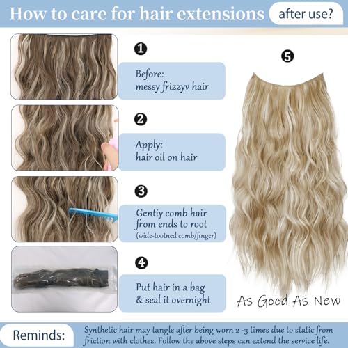 Beige Blonde Halo Hair Extensions with Light Blonde Highlights | 20 Inch Wavy Synthetic Fiber with Invisible Wire and 4 Secure Clips for Easy Daily Styling and Party Wear - color: Blonde Highlights