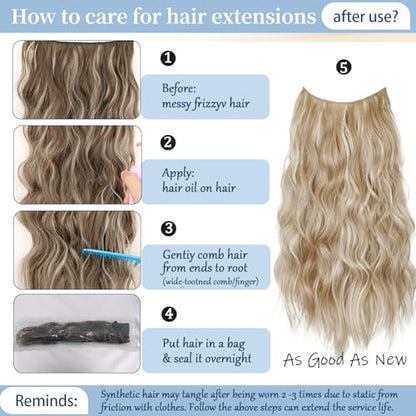 Beige Blonde Halo Hair Extensions with Light Blonde Highlights | 20 Inch Wavy Synthetic Fiber with Invisible Wire and 4 Secure Clips for Easy Daily Styling and Party Wear - color: Blonde Highlights