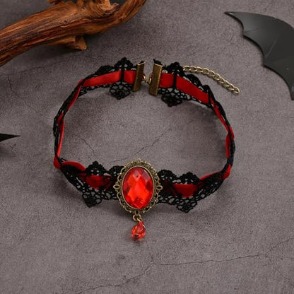 Qceasiy Gothic Black Necklace for Women, Adjustable Victorian Velvet Lace Collar, Halloween Party Cosplay Jewelry Gift - style: Red Gem Lace