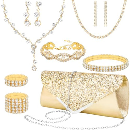 NEWITIN Purse Rhinestone Jewelry Set for Women Prom Jewels Crystal Clutch Purse Necklaces Rings Bracelets Earrings Gold Silver Jewelry Set for Women Bride - color: 11 Pieces Gold