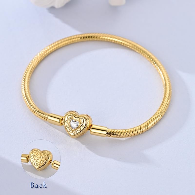 Star moon Mouse Clasp Snake Chain Bracelet 925 Sterling Silver Safety Chain Charm Christmas Mother’s Day Jewelry Gifts for Women - color: Gold Heart Chain Charm Bracelet, size: 19cm