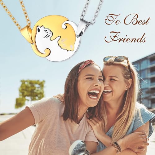 U7 Cat Pendant Necklace for Women Stainless Steel Cute Kitty Cat Jewelry Gift - style: 02-Round Cat Set-Gold+Black(Customized)