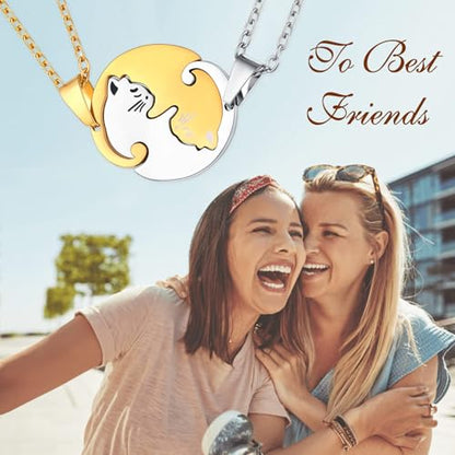 U7 Cat Pendant Necklace for Women Stainless Steel Cute Kitty Cat Jewelry Gift - style: 02-Round Cat Set-Gold+Black(Customized)