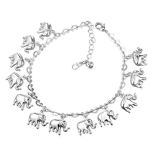 U7 Ankle Bracelets for Women Stainless Steel, 18K Gold Plated/Silver/Rose Gold Anklets Cuban Chain Anklet Bracelets Waterproof - color: Platinum Plated-Elephant Charm