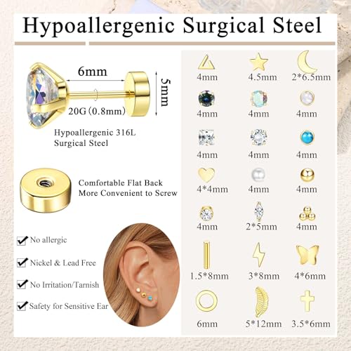 Jstyle 21Pairs Hypoallergenic Flat Back Stud Earrings for Women, Tiny Studs | Surgical Stainless Steel Flatback Earrings, CZ Butterfly Heart Small Stud Earrings Set, Screw Back Cartilage Piercing Jewelry - color: 14K Gold Plated - CZ