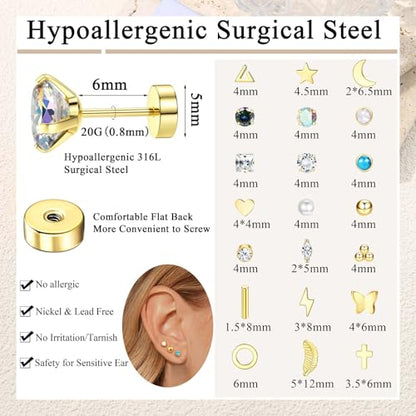 Jstyle 21Pairs Hypoallergenic Flat Back Stud Earrings for Women, Tiny Studs | Surgical Stainless Steel Flatback Earrings, CZ Butterfly Heart Small Stud Earrings Set, Screw Back Cartilage Piercing Jewelry - color: 14K Gold Plated - CZ