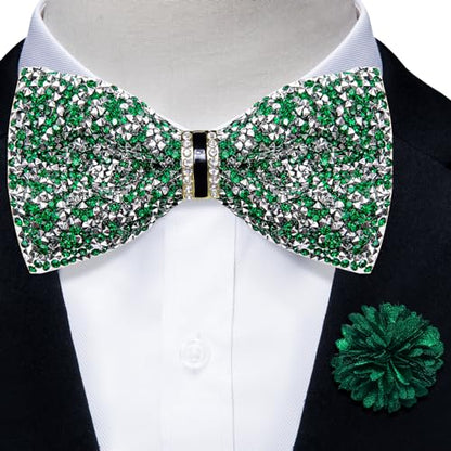 DiBanGu Mens Rhinestone Bow Tie with Ring and Lapel Pin Set | Adjustable Strap,Pre-tied Style,3PCS,Sequin Diamond Bowties，Solid/Mix Color,Shiny Accessory,for Party Prom Banquet Wedding - color: Green and Silver
