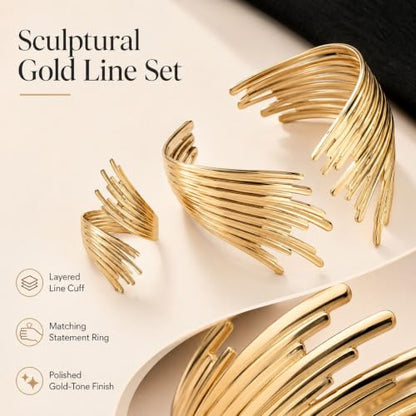 72ore Gold Jewelry Sets for Women Chunky Silver Cuff Bracelet Statement Bangle Bracelet and Ring Fashion Jewelry Open Cuff Wrist Trendy Jewelry Set Gift for Women - color: A1:gold