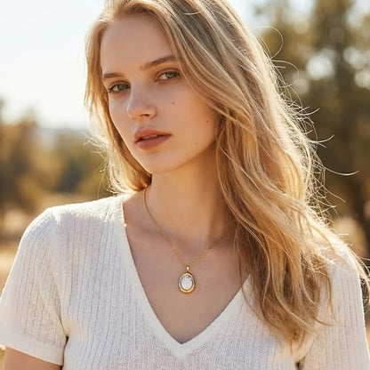 Colorful Natural Stone Necklaces for Women Trendy 14K Gold Plated Oval Gemstone Pendant Statement Necklace Jewelry Gifts for Women - color: White