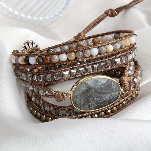 Women Wrap Bracelet Boho Natural Jasper Crystal Stone Beads Strand Bracelets - color: Style 07-Gray