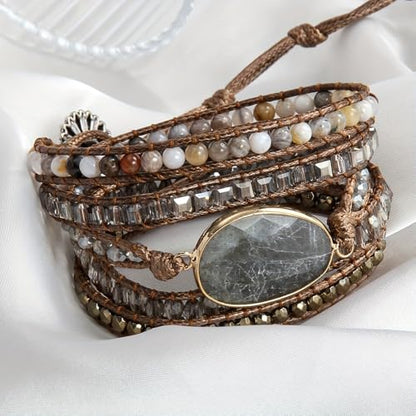 Women Wrap Bracelet Boho Natural Jasper Crystal Stone Beads Strand Bracelets - color: Style 07-Gray