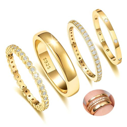 EXGOX Dainty Stackable Gold Rings - 14K Gold Plated, Non Tarnish Cubic Zirconia Stacking & Thumb Knuckle Rings (4pcs Size 7-11) - color: Gold Bands Rings, size: 11