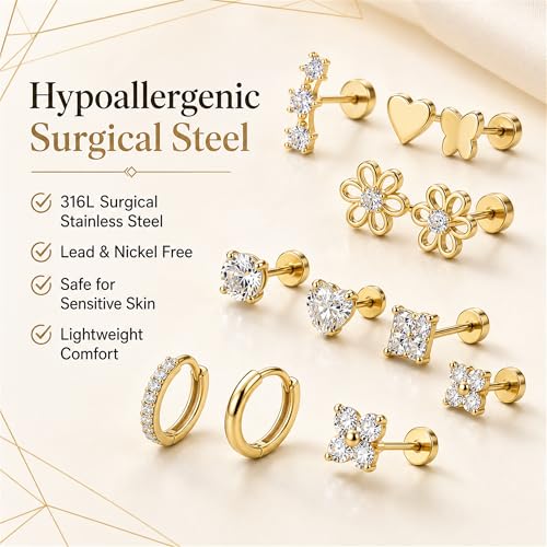 Surgical Stainless Steel Stud Earrings Set for Women | Hypoallergenic, Sensitive Flat Back, Small Cute Hoop Earring Sets, Lobe Helix Cartilage Stacks, Multiple Piercing Jewelry - color: Gold