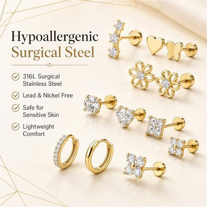 Surgical Stainless Steel Stud Earrings Set for Women | Hypoallergenic, Sensitive Flat Back, Small Cute Hoop Earring Sets, Lobe Helix Cartilage Stacks, Multiple Piercing Jewelry - color: Gold