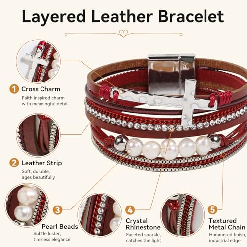 Vercret Leather Wrap Bracelet for Women, Multi-Layer Cuff Bangle | Boho Stacked Bracelets with Safe Clasp Western Bangle Jewelry Gift for Lady and Mom Sister Friend - style: Red