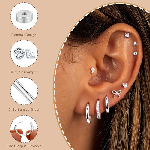 M MOOHAM 9 Pairs Flat Back Earring Stack Set for Women Teen Girls | Hypoallergenic Earrings, 14K Gold Plated Huggie Hoop Stud Earring, Small Cute Bow Cartilage Earrings, Trendy Jewelry Gifts - color: Silver