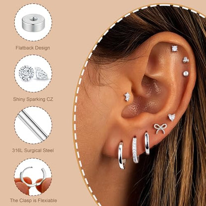 M MOOHAM 9 Pairs Flat Back Earring Stack Set for Women Teen Girls | Hypoallergenic Earrings, 14K Gold Plated Huggie Hoop Stud Earring, Small Cute Bow Cartilage Earrings, Trendy Jewelry Gifts - color: Silver