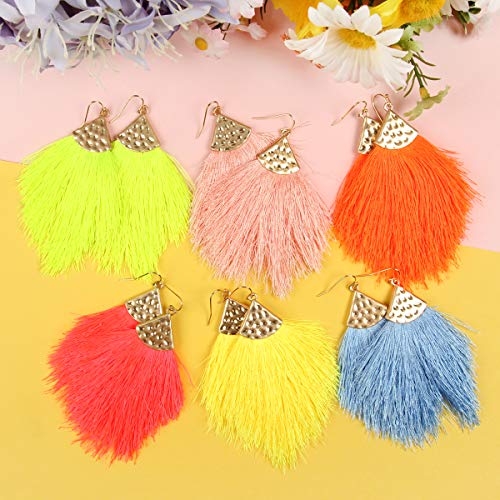 Bohemian Silky Thread Fan Fringe Tassel Statement Earrings - Lightweight Strand Feather Shape Dangles - color: Feather Fringe - Neon Orange