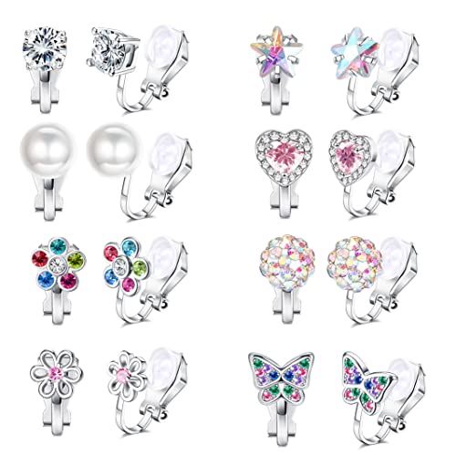 FASACCO 8-10Pairs Clip on Earrings for Women Girls Colorful Crystal Non-Piercied Earrings Cute Flower Heart Butterfly Pearl Clip-on Earrings Over 3 Years Old - style: 8Pairs