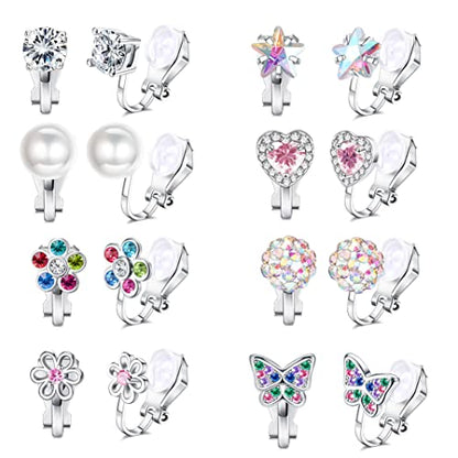 FASACCO 8-10Pairs Clip on Earrings for Women Girls Colorful Crystal Non-Piercied Earrings Cute Flower Heart Butterfly Pearl Clip-on Earrings Over 3 Years Old - style: 8Pairs
