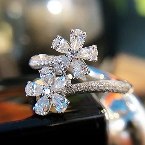 Adjustable Cubic Zirconia Ring for Women, Stackable Leaf Flower Design, Open Style Sparkling Crystal Silver Open Wrap Statement Ring