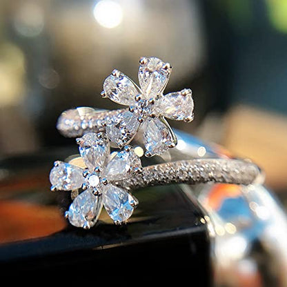 Rhinestone Flower Ring for Women Adjustable Cubic Zirconia Cocktail Gold Ring Sparkling Crystal Silver Open Wrap Statement Ring