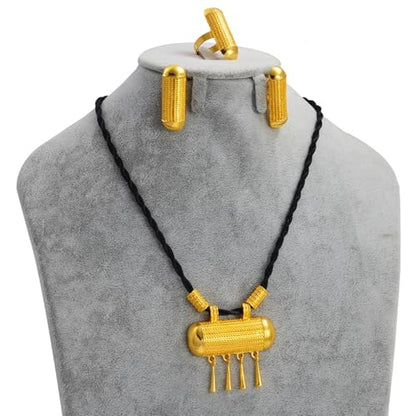 Ethiopian Traditional Jewelry | Eritrean Jewelry for Women Set | Ethiopian African Jewelry Wedding Sets Includes Cross Pendant Black Rope Earrings Ring Sets African Eritrean Religion - color: Black Rope 3