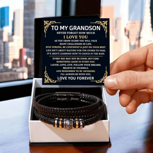 To My GrandSon Bracelet – Love You Forever Braided Leather Bracelet, Meaningful GrandSon Gift from Grandpa & Grandma with Heartfelt Message Card & Elegant Gift Box for Birthday, Christmas - color: Version#5