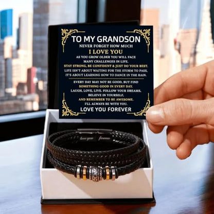 To My GrandSon Bracelet – Love You Forever Braided Leather Bracelet, Meaningful GrandSon Gift from Grandpa & Grandma with Heartfelt Message Card & Elegant Gift Box for Birthday, Christmas - color: Version#5