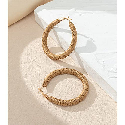 Handmade Rattan Earrings - Large Circle Braided Straw Wicker Drop Earrings - Light Weight Summer Hoops - color: I Brown