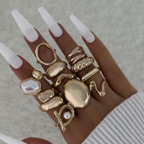 Gold Rings for Women Non Tarnish Stackable Rhinestone Moon Star Rings Dainty Stacking Pearl Butterfly Midi Pinky Thumb Joint Finger Knuckle Ring Set Gold Non Tarnish Jewelry Gifts Trendy Stuff - color: S Chunky Gold Rings 11Pcs